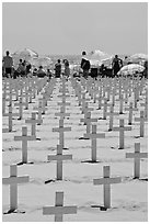 Crosses and beach unbrellas. Santa Monica, Los Angeles, California, USA (black and white)