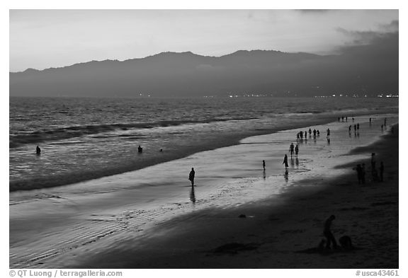 Beach and Santa Monica Mountains at sunset. Santa Monica, Los Angeles, California, USA