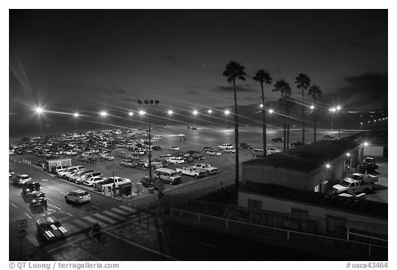 Beach Parking lot at sunset. Santa Monica, Los Angeles, California, USA (black and white)