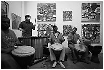 Alan Tarbell, his artworks, and African drums that inspired him, Bergamot Station. Santa Monica, Los Angeles, California, USA (black and white)