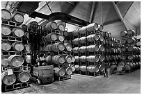 Winery barrel room and forklift. Napa Valley, California, USA (black and white)