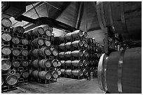 Wine barrels in aging room. Napa Valley, California, USA (black and white)