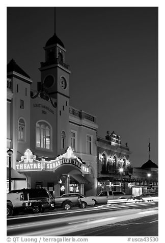 Historic movie theater at night, Sonoma. Sonoma Valley, California, USA (black and white)