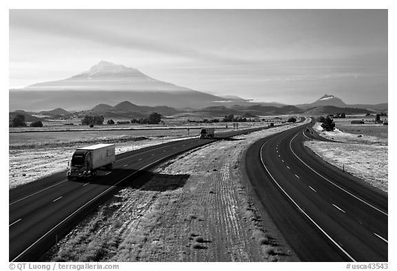 Highway 5 and Mount Shasta. California, USA (black and white)