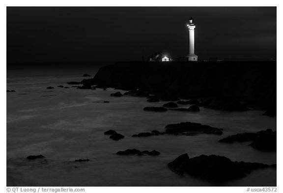 Point Arena Light Station at night. California, USA (black and white)