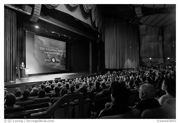 Palace of Fine Arts Theater, with Dayton Duncan presenting new documentary film. San Francisco, California, USA (black and white)