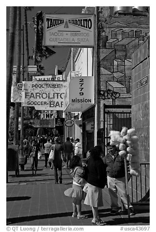 Mission street sidewalk, Mission District. San Francisco, California, USA (black and white)