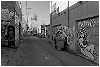 Alley (Lilac) with many murals and decorated garage doors, Mission District. San Francisco, California, USA ( black and white)