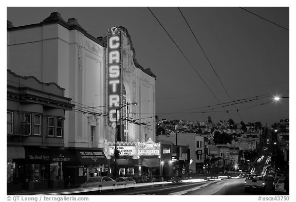 Castro Theater and Castro Street at dusk. San Francisco, California, USA (black and white)