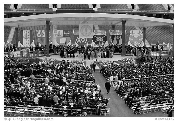 Beginning of commencement ceremony. Stanford University, California, USA (black and white)