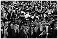 Graduating students wave to family and friends, commencement. Stanford University, California, USA (black and white)