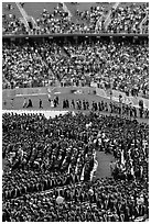 Graduates, exiting faculty, and spectators, commencement. Stanford University, California, USA ( black and white)