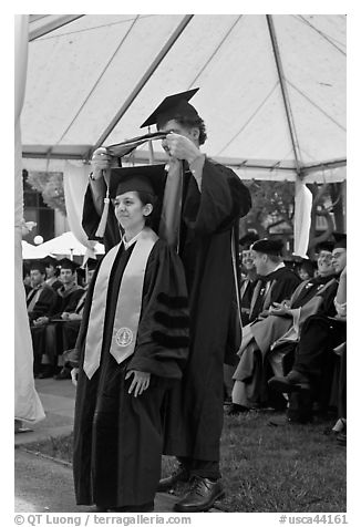 Professor confers doctoral scarf to student. Stanford University, California, USA