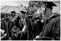 Students after graduation ceremony. Stanford University, California, USA (black and white)