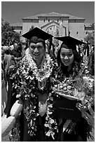 Graduates wearing flower garlands. Stanford University, California, USA ( black and white)