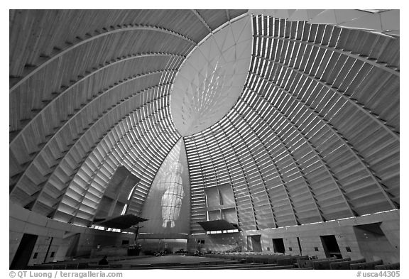 Worship space in vesica pisces shape, Cathedral of Christ the Light. Oakland, California, USA (black and white)
