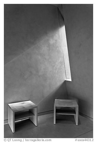Chairs in modern chapel interior, Oakland Cathedral. Oakland, California, USA (black and white)