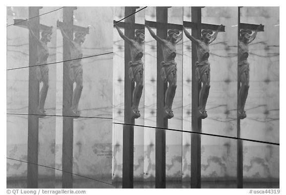Multiple reflections of Christ, mausoleum, Christ the Light Cathedral. Oakland, California, USA (black and white)