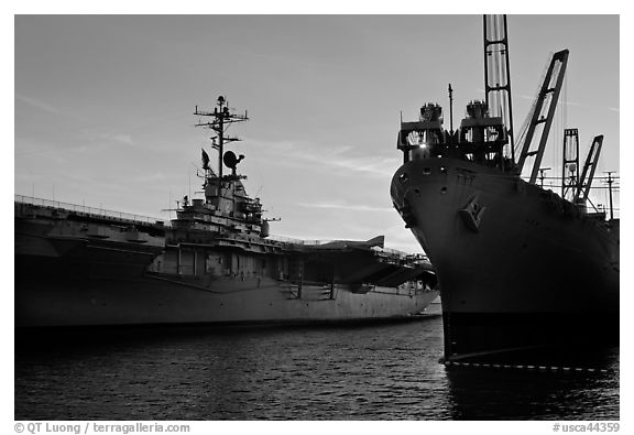 USS Hornet aircraft carrier. Alameda, California, USA (black and white)