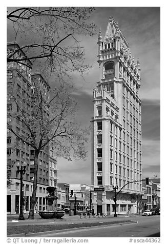 Historic flatiron building called Cathedral Building. Oakland, California, USA (black and white)