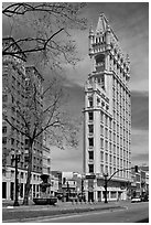 Historic flatiron building called Cathedral Building. Oakland, California, USA ( black and white)