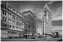 Broadway street and Cathedral Building. Oakland, California, USA ( black and white)
