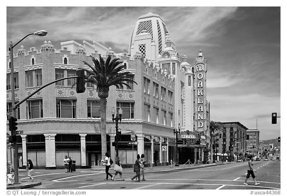 Downtown street with Oakland Fox Theater. Oakland, California, USA (black and white)
