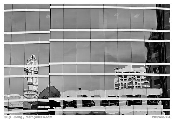 Reflections in glass buiding. Oakland, California, USA (black and white)