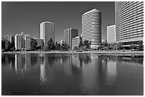 High rise buildings on Lake Merritt shores. Oakland, California, USA ( black and white)