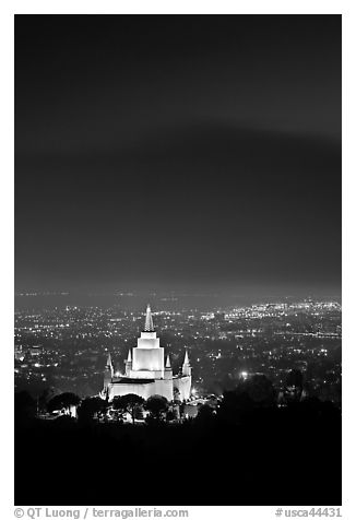 Oakland california temple and SF Bay by night. Oakland, California, USA (black and white)