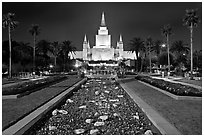 Oakland Mormon temple and grounds by night. Oakland, California, USA (black and white)