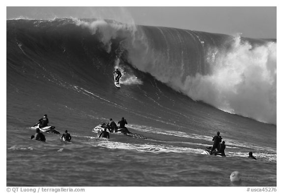 Surfer down huge wall of water observed from jet skis. Half Moon Bay, California, USA (black and white)