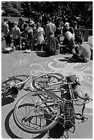Bicycles and food line, Peoples Park. Berkeley, California, USA ( black and white)