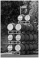 Barels of wine stacked outside, Artesa Winery. Napa Valley, California, USA (black and white)