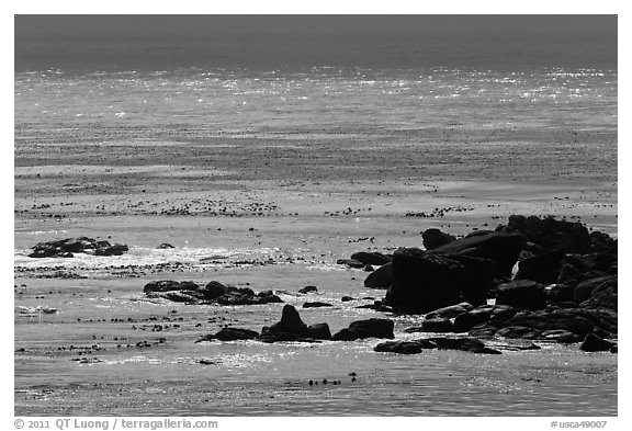 Rocks and backlit water, Carmel Bay. Carmel-by-the-Sea, California, USA