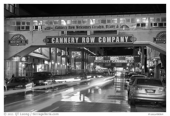 Cannery Row on a rainy night. Monterey, California, USA (black and white)