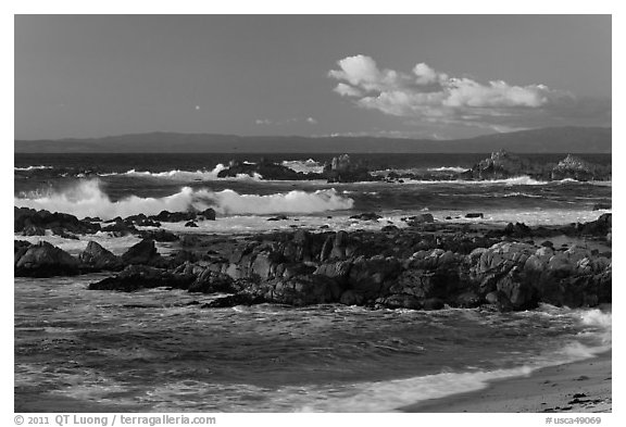 Surf and rocks at sunset, Monterey Bay. Pacific Grove, California, USA (black and white)