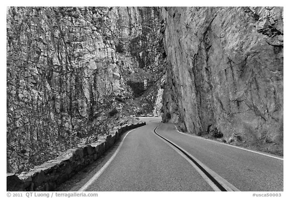 Road through vertical canyon walls. Giant Sequoia National Monument, Sequoia National Forest, California, USA (black and white)