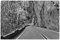 Road through vertical canyon walls, Giant Sequoia National Monument near Kings Canyon National Park. California, USA (black and white)