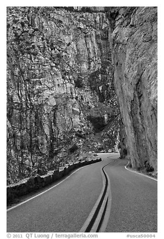 Roadway meandering through vertical gorge. Giant Sequoia National Monument, Sequoia National Forest, California, USA (black and white)