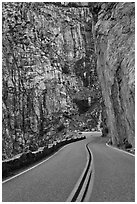 Roadway meandering through vertical gorge. Giant Sequoia National Monument, Sequoia National Forest, California, USA ( black and white)