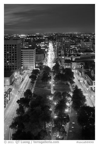Cesar Chavez park from above at night. San Jose, California, USA (black and white)