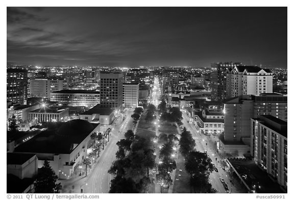 Downtown San Jose from above at night. San Jose, California, USA (black and white)