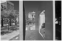 Downtown San Jose seen through colorful modern sculpture. San Jose, California, USA (black and white)