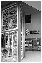 Two-story Rube Goldberg machine, Tech Museum. San Jose, California, USA (black and white)