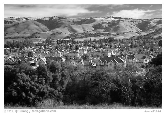Evergreen Valley and hills in winter. San Jose, California, USA (black and white)