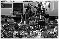 Vans and household items for sale, San Jose Flee Market. San Jose, California, USA ( black and white)
