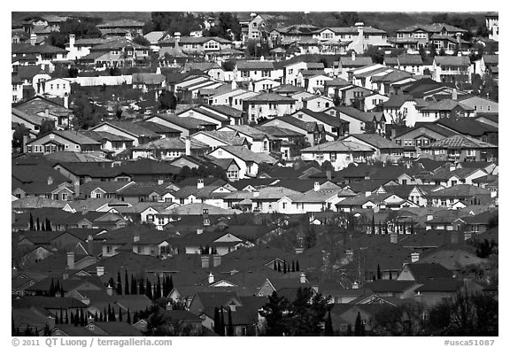 Rooftops of single family homes, Evergreen. San Jose, California, USA (black and white)