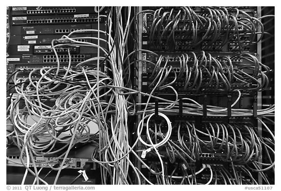 Unorganized server wires. Menlo Park,  California, USA (black and white)