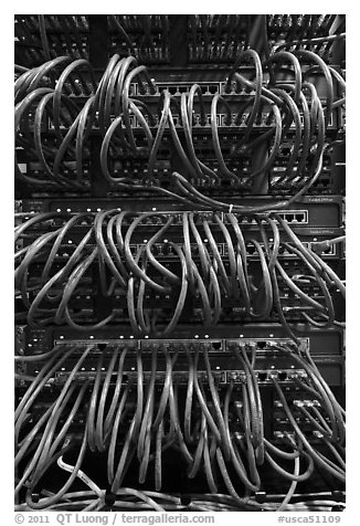 Computer server and cables. Menlo Park,  California, USA (black and white)